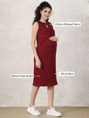 Maroon Solid Ribbed Maternity Bodycon Dress