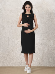 Black Solid Ribbed Maternity Bodycon Dress