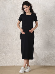 Black Solid Ribbed Cotton Maternity Top and Skirt Set