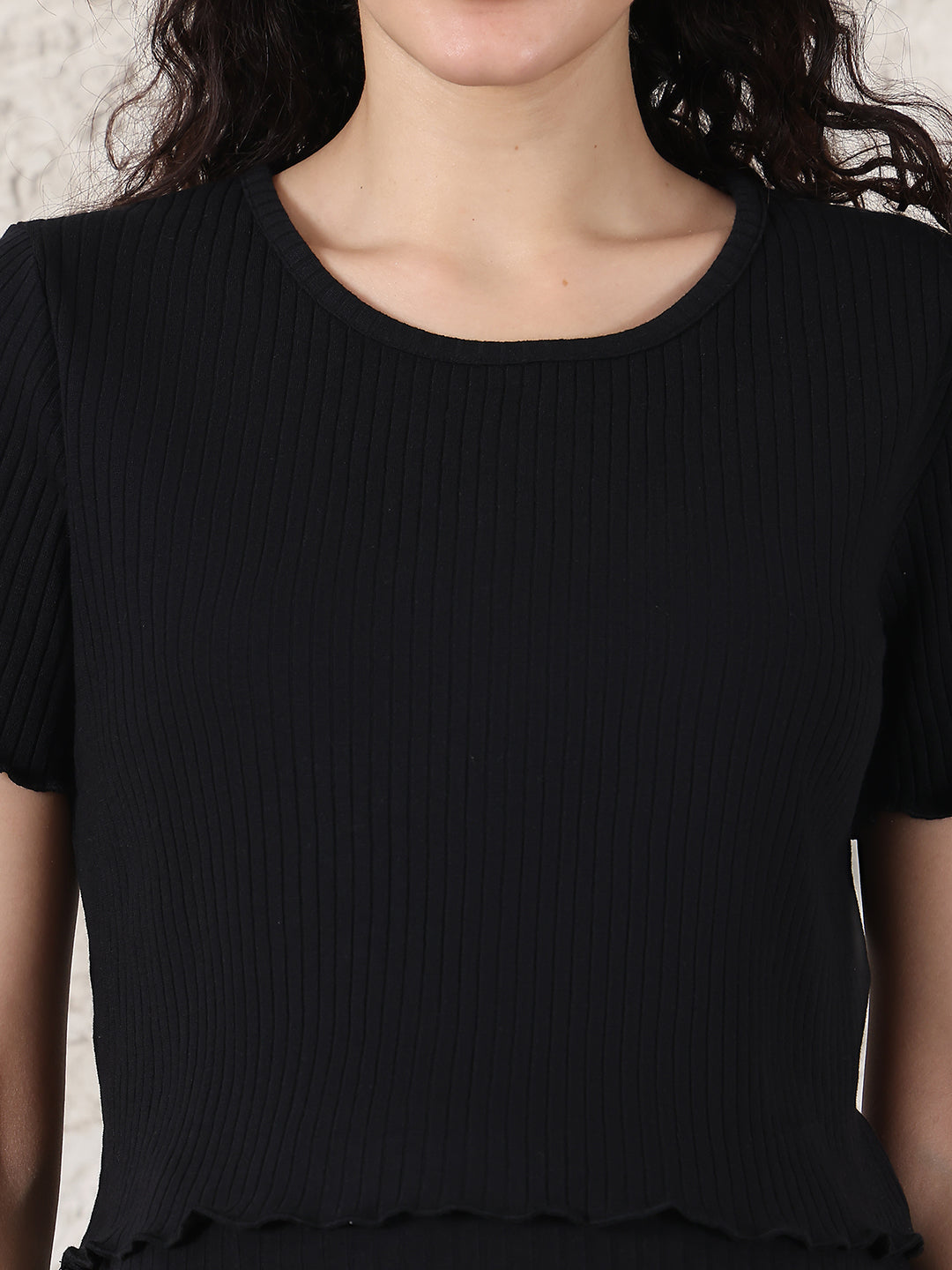 Black Solid Ribbed Cotton Maternity Top and Skirt Set