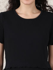Black Solid Ribbed Cotton Maternity Top and Skirt Set