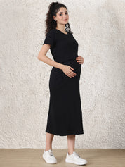 Black Solid Ribbed Cotton Maternity Top and Skirt Set
