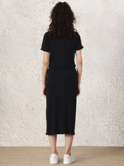 Black Solid Ribbed Cotton Maternity Top and Skirt Set
