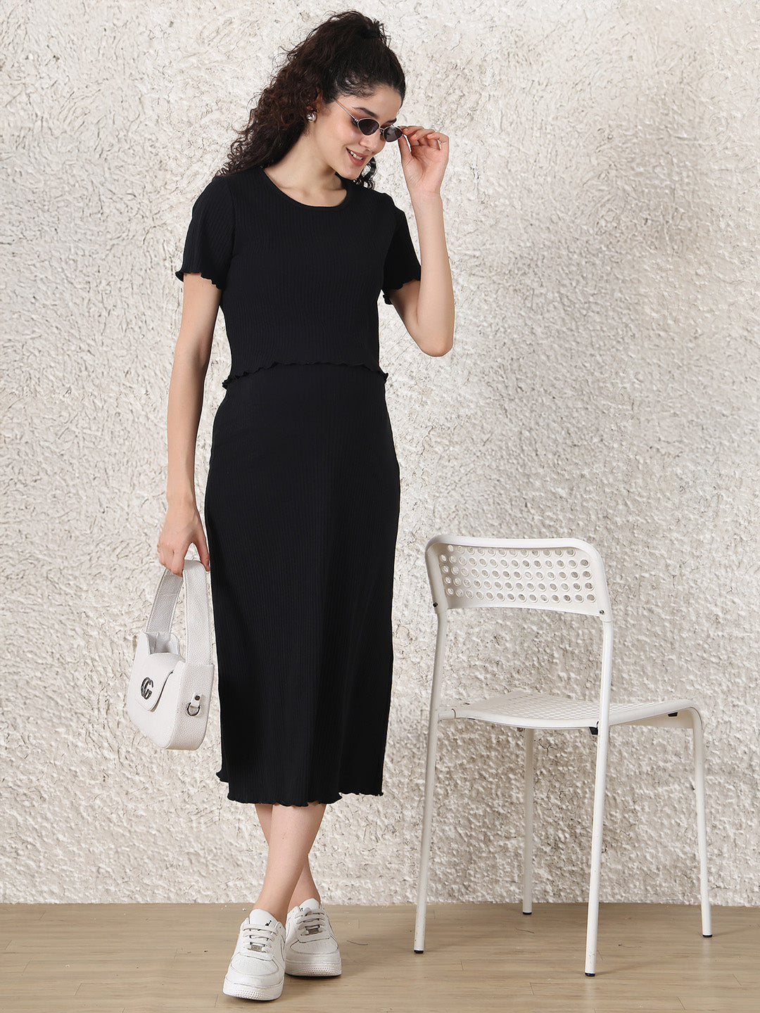 Black Solid Ribbed Cotton Maternity Top and Skirt Set