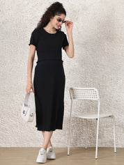 Black Solid Ribbed Cotton Maternity Top and Skirt Set
