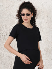 Black Solid Ribbed Cotton Maternity Top and Skirt Set