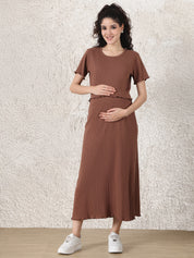 Brown Solid Ribbed Cotton Maternity Top and Skirt Set
