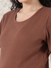 Brown Solid Ribbed Cotton Maternity Top and Skirt Set