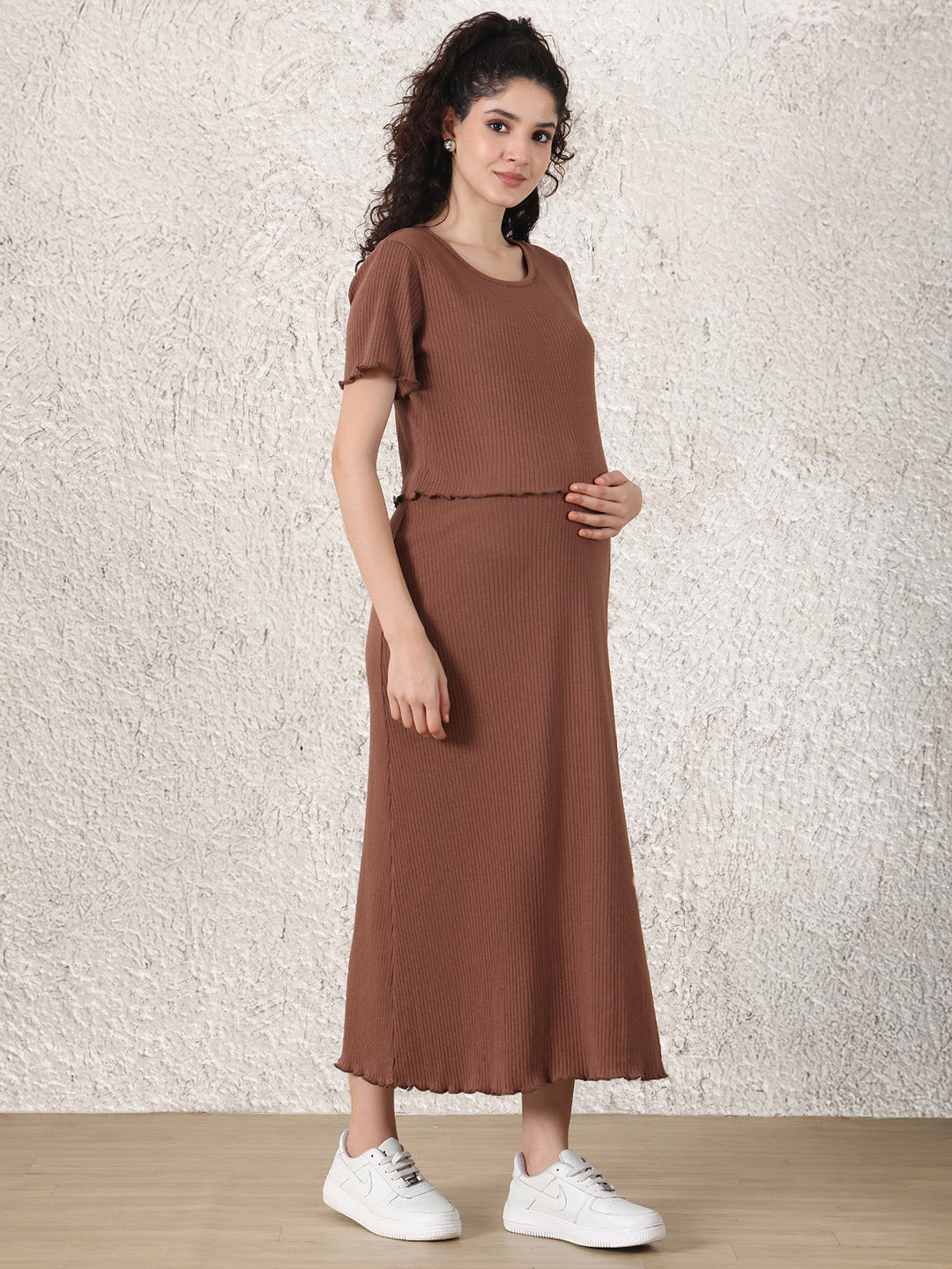 Brown Solid Ribbed Cotton Maternity Top and Skirt Set