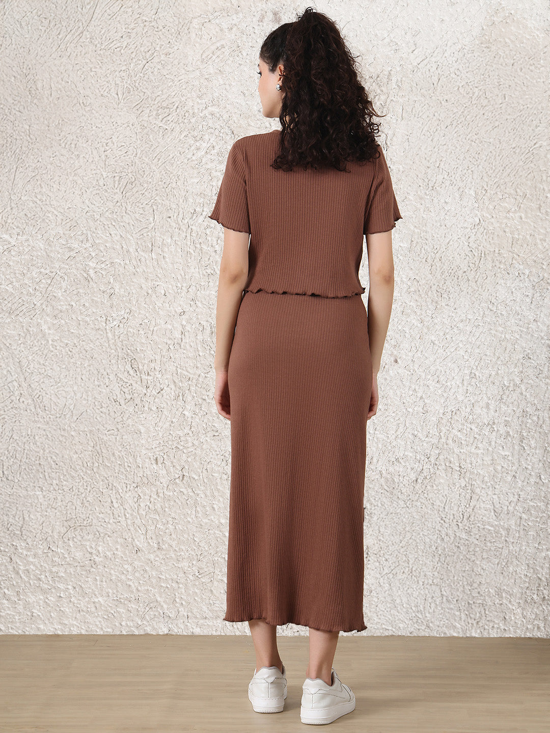 Brown Solid Ribbed Cotton Maternity Top and Skirt Set