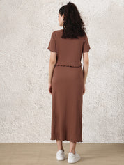 Brown Solid Ribbed Cotton Maternity Top and Skirt Set