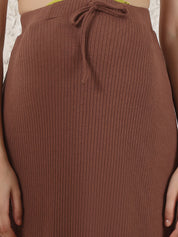 Brown Solid Ribbed Cotton Maternity Top and Skirt Set
