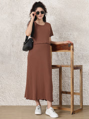 Brown Solid Ribbed Cotton Maternity Top and Skirt Set