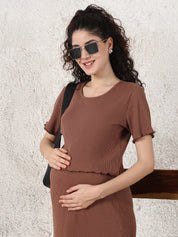 Brown Solid Ribbed Cotton Maternity Top and Skirt Set