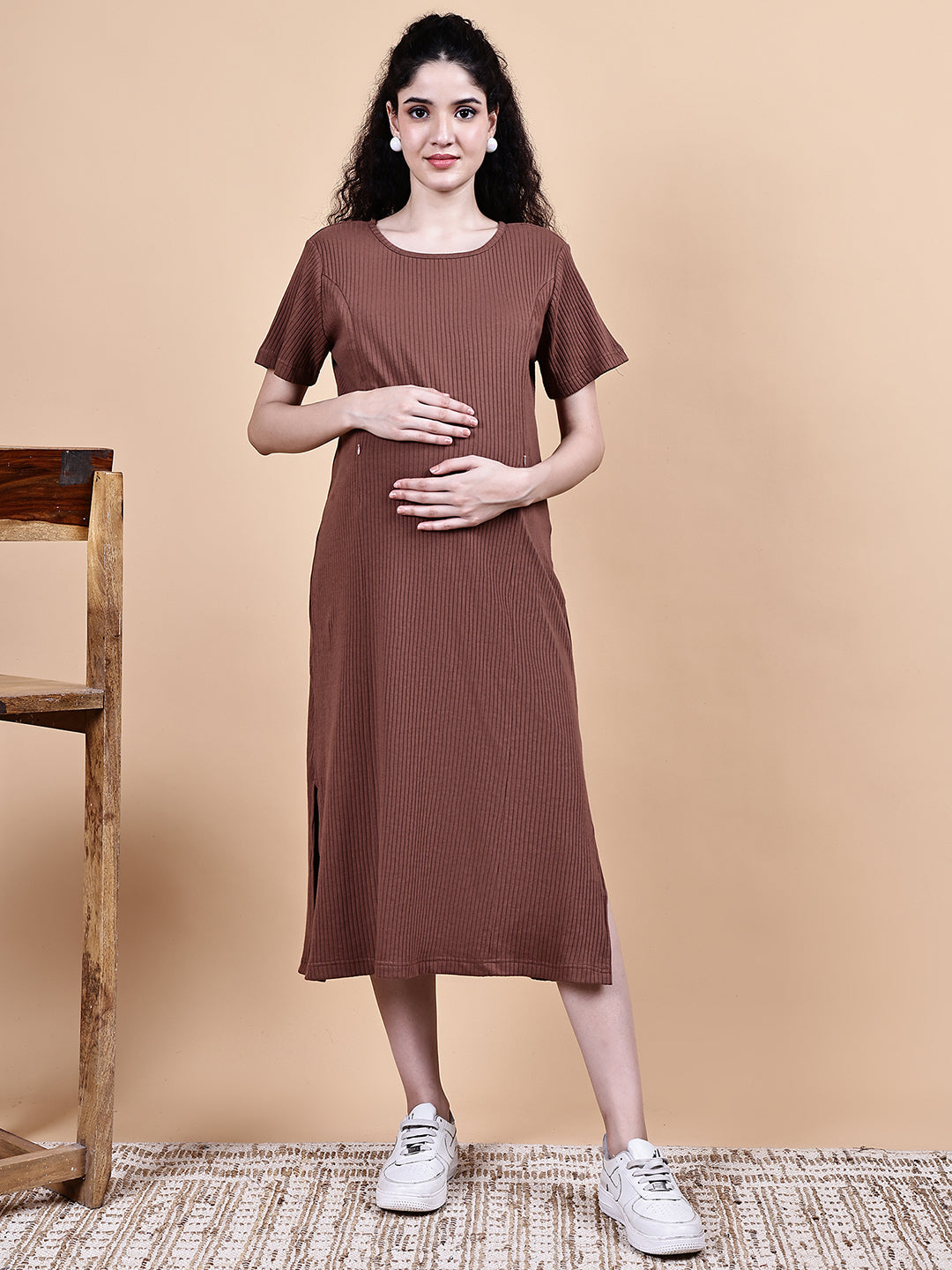 Brown Solid Ribbed Cotton Maternity Dress Calf Length