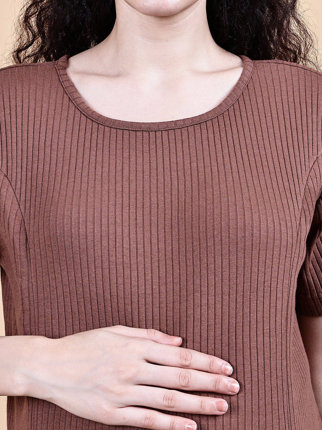 Brown Solid Ribbed Cotton Maternity Dress Calf Length