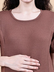 Brown Solid Ribbed Cotton Maternity Dress Calf Length