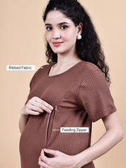 Brown Solid Ribbed Cotton Maternity Dress Calf Length
