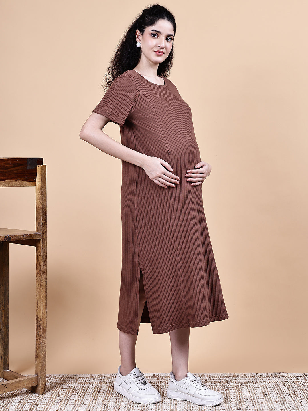 Brown Solid Ribbed Cotton Maternity Dress Calf Length