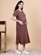 Brown Solid Ribbed Cotton Maternity Dress Calf Length