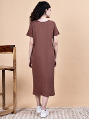Brown Solid Ribbed Cotton Maternity Dress Calf Length