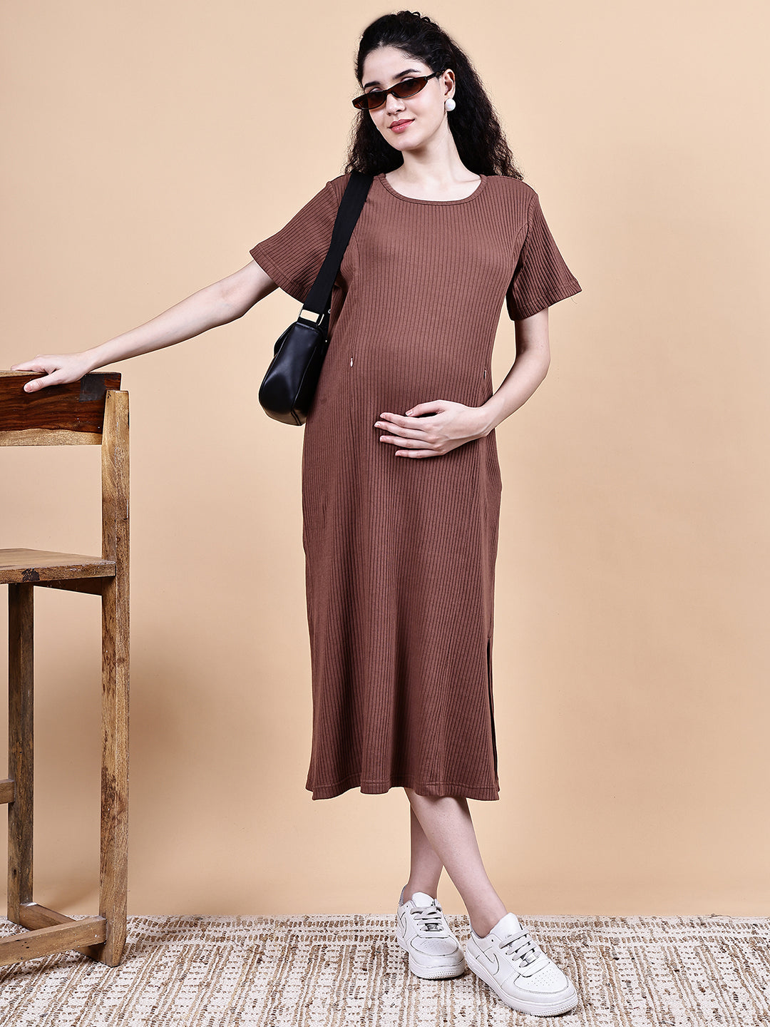 Brown Solid Ribbed Cotton Maternity Dress Calf Length