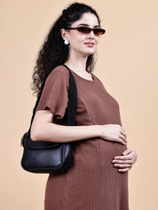 Brown Solid Ribbed Cotton Maternity Dress Calf Length