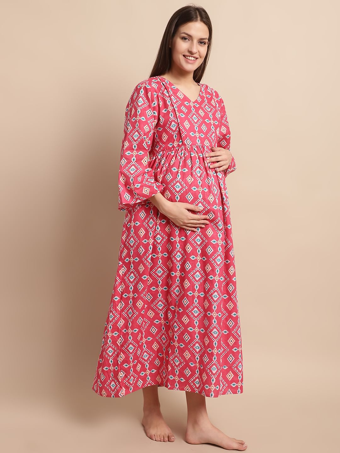 Pink Ethnic Printed Maternity Dress