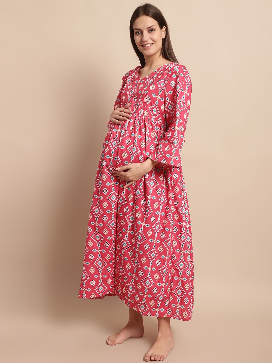 Pink Ethnic Printed Maternity Dress