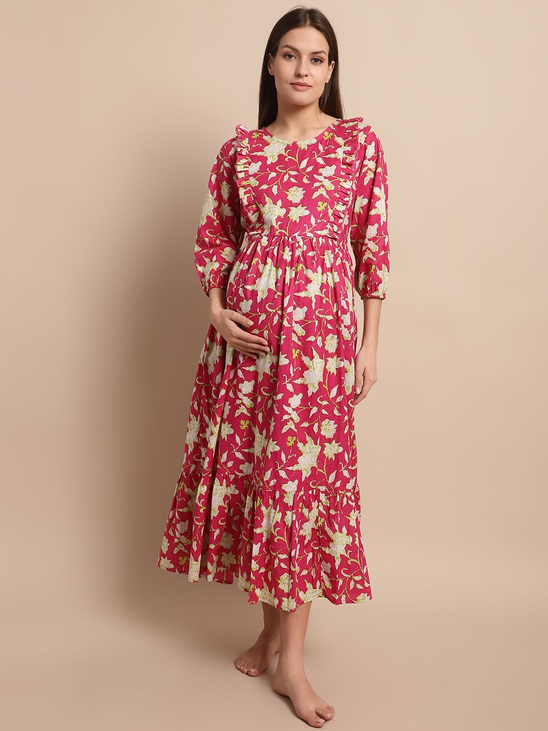 Pink Floral Printed Maternity Dress