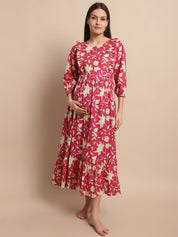 Pink Floral Printed Maternity Dress