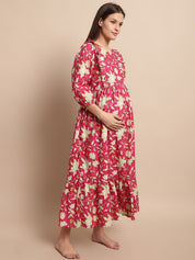 Pink Floral Printed Maternity Dress