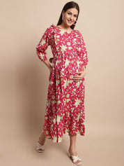 Pink Floral Printed Maternity Dress