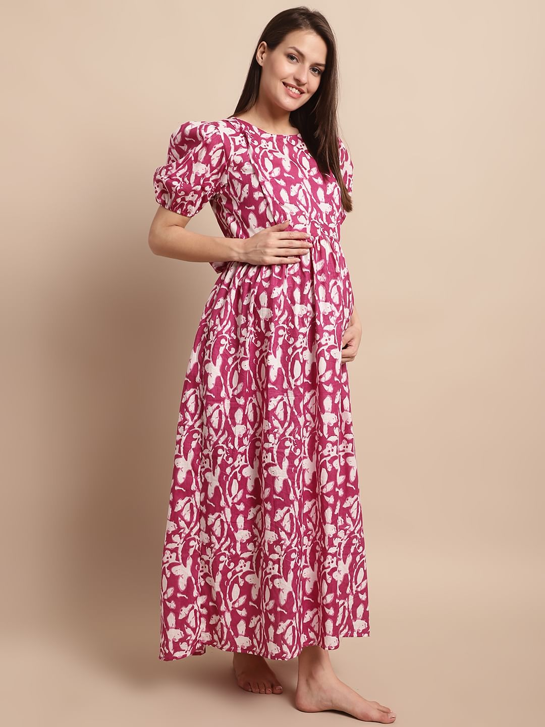 Pink and White Floral Printed Maternity Dress