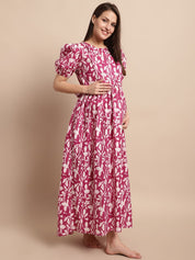 Pink and White Floral Printed Maternity Dress
