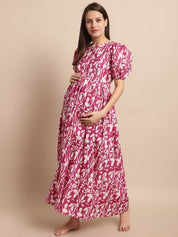 Pink and White Floral Printed Maternity Dress