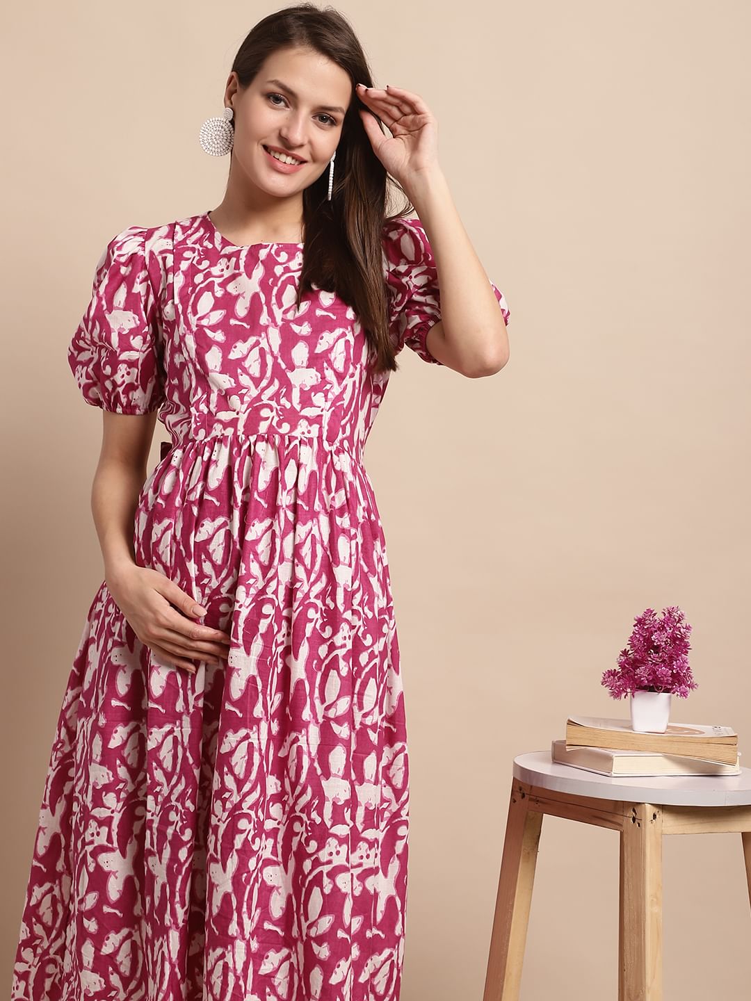 Pink and White Floral Printed Maternity Dress