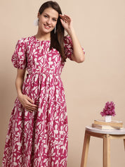 Pink and White Floral Printed Maternity Dress