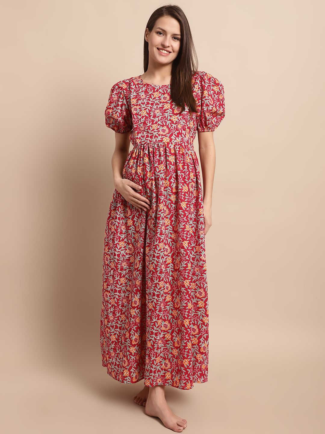Maroon Floral Printed Maternity Dress
