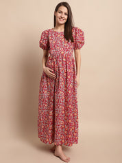 Maroon Floral Printed Maternity Dress