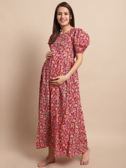 Maroon Floral Printed Maternity Dress