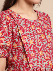 Maroon Floral Printed Maternity Dress