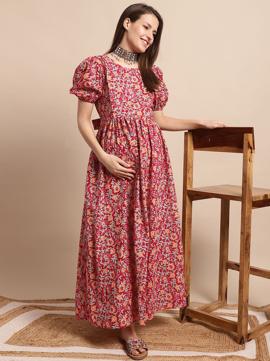 Maroon Floral Printed Maternity Dress