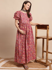 Maroon Floral Printed Maternity Dress