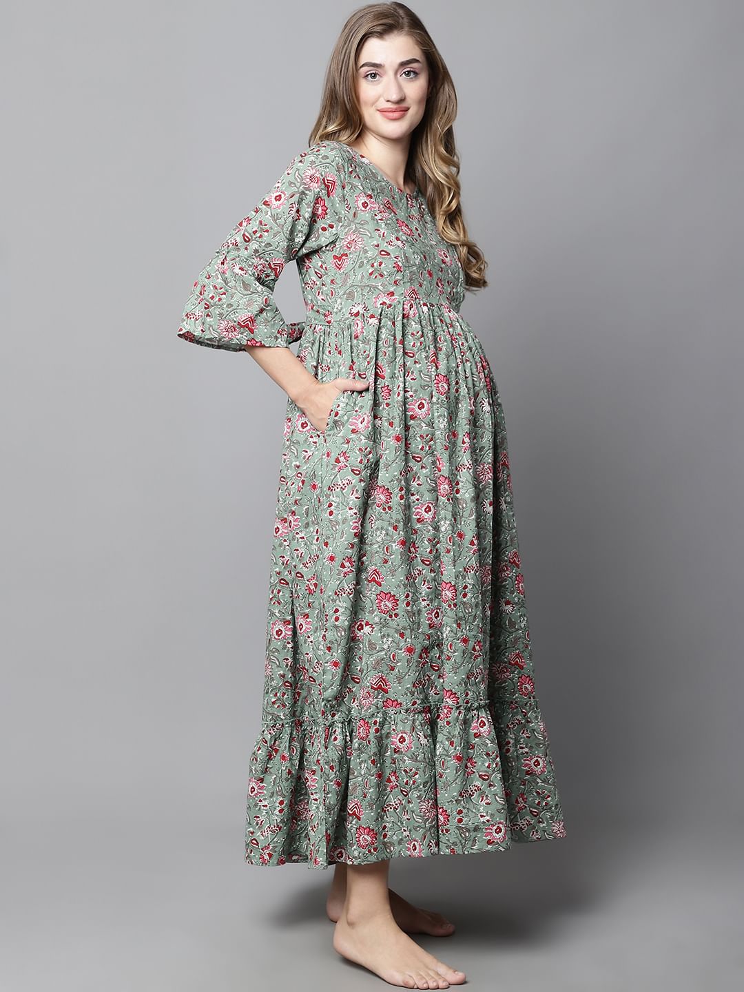 Green & Red Floral Maternity dress
