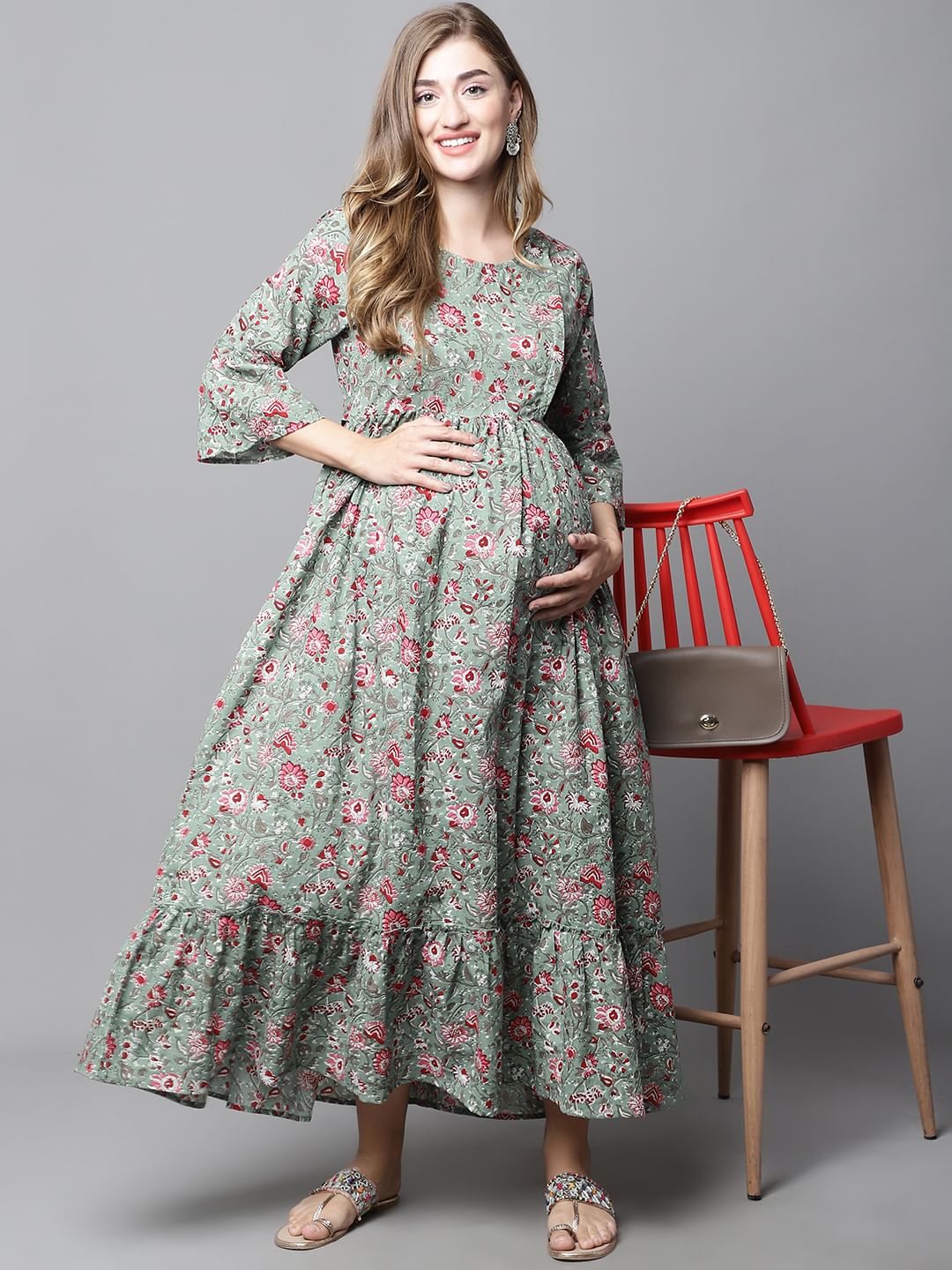 Green & Red Floral Maternity dress