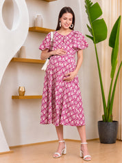 Pink & White Printed Maternity Dress