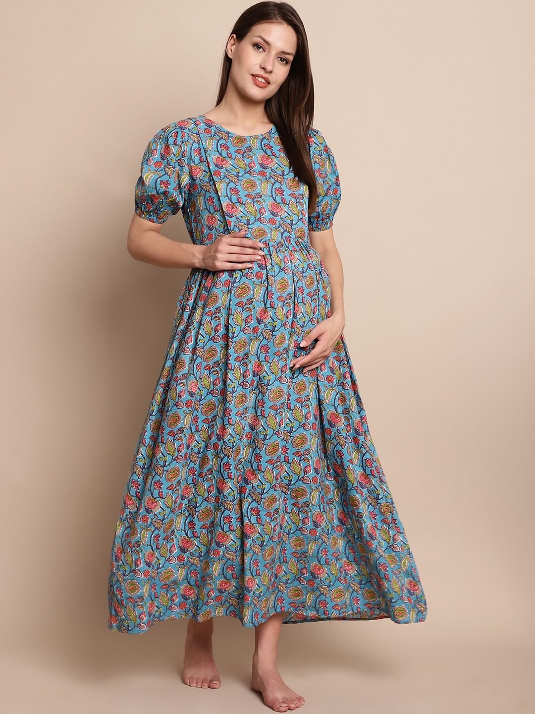 Blue & Peach Floral Maternity Dress