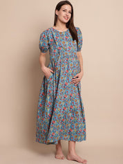 Blue & Peach Floral Maternity Dress