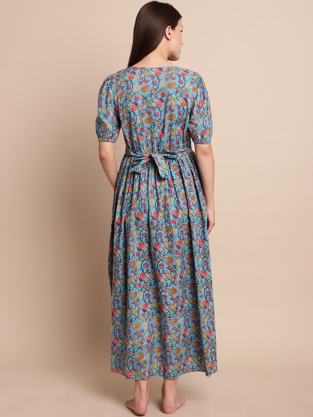 Blue & Peach Floral Maternity Dress